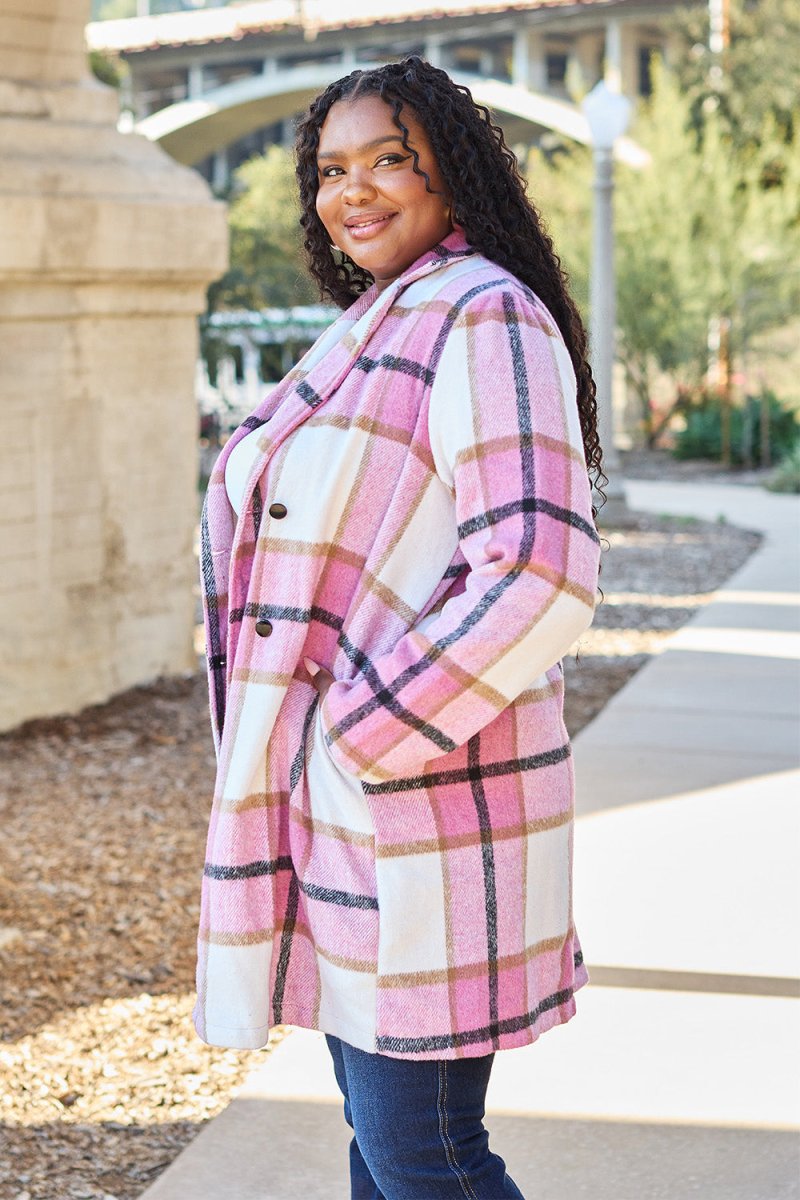 Double Take Full Size Plaid Button Up Lapel Collar Coat - Outerwear