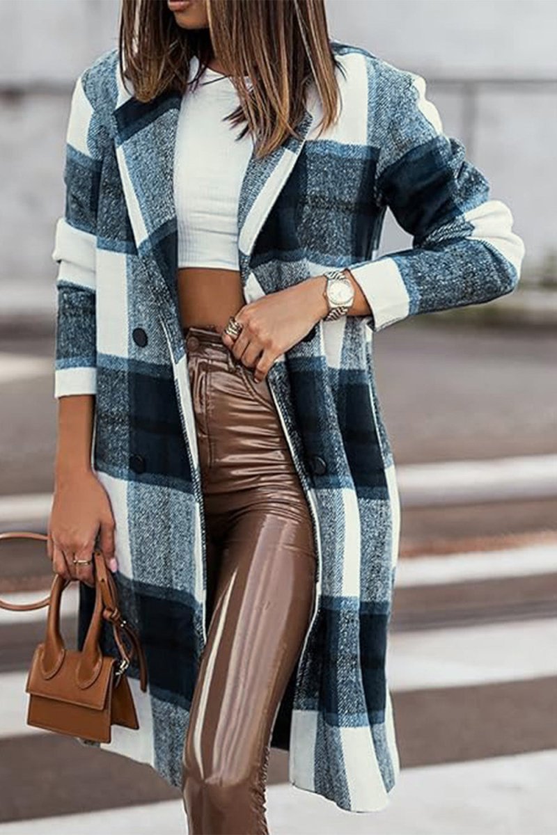 Double Take Full Size Plaid Button Up Lapel Collar Coat - Outerwear