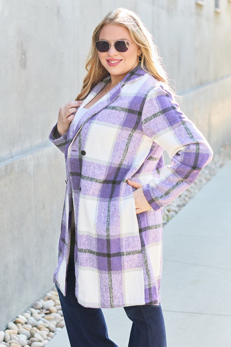 Double Take Full Size Plaid Button Up Lapel Collar Coat - Outerwear