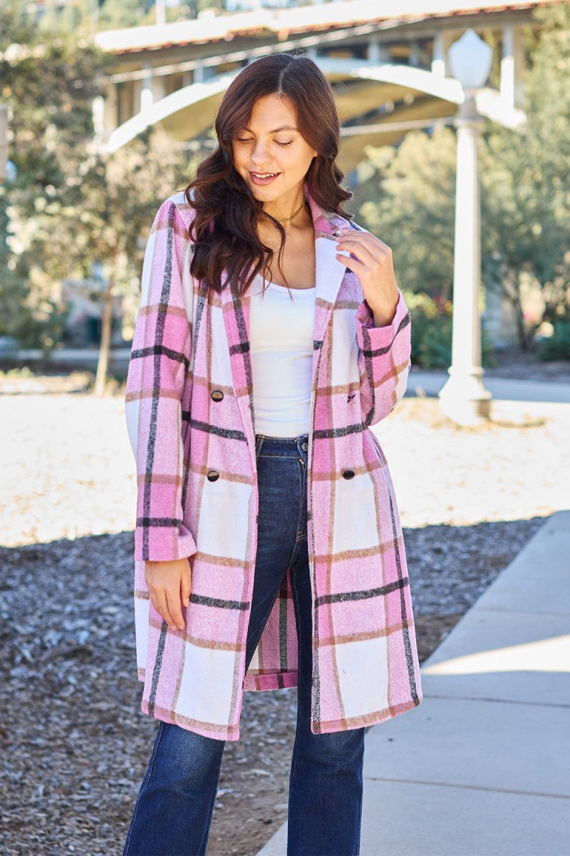 Double Take Full Size Plaid Button Up Lapel Collar Coat - Outerwear