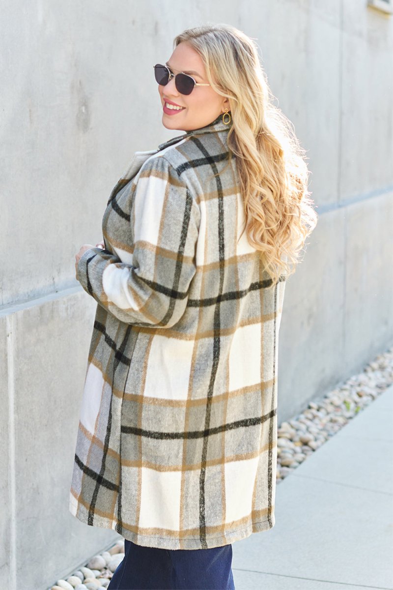 Double Take Full Size Plaid Button Up Lapel Collar Coat - Outerwear