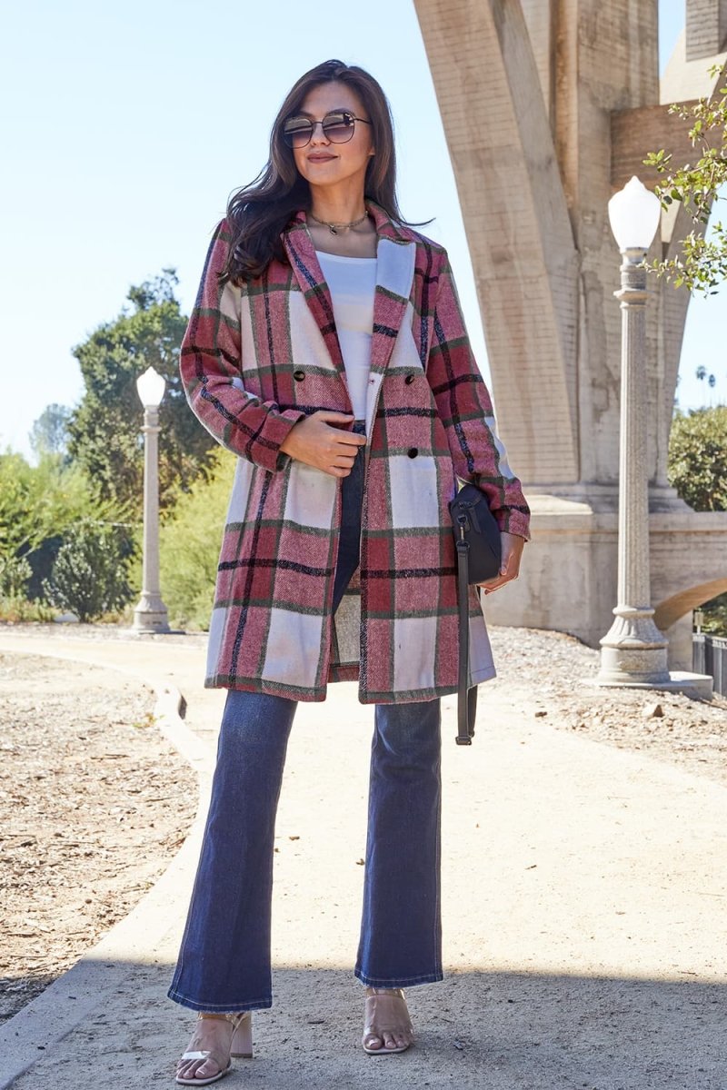 Double Take Full Size Plaid Button Up Lapel Collar Coat - Outerwear