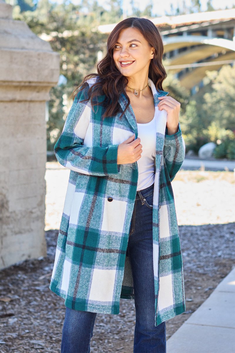 Double Take Full Size Plaid Button Up Lapel Collar Coat - Outerwear