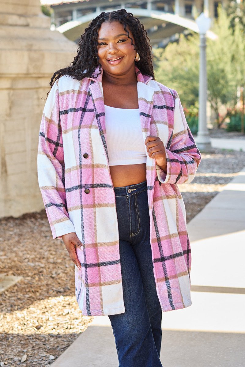 Double Take Full Size Plaid Button Up Lapel Collar Coat - Outerwear
