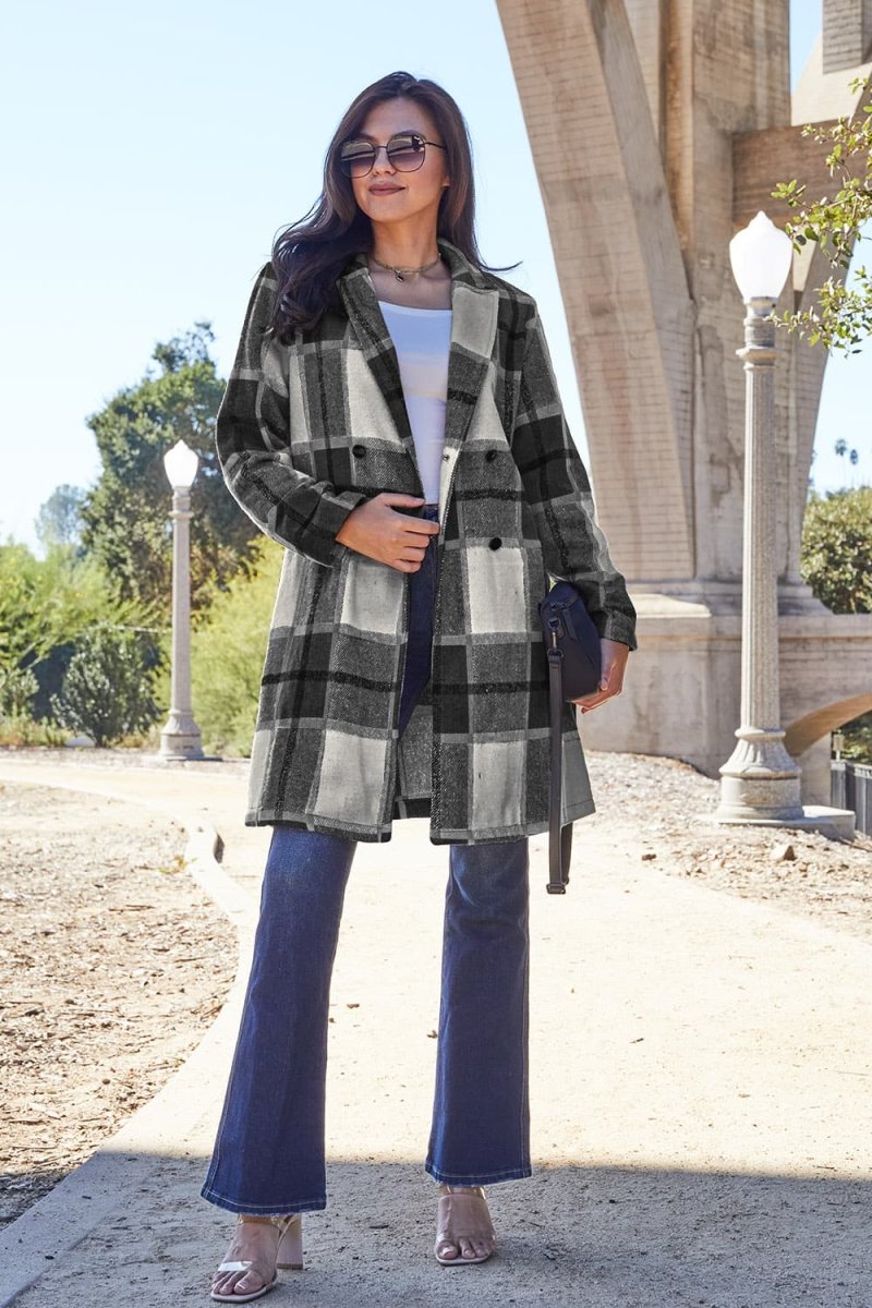 Double Take Full Size Plaid Button Up Lapel Collar Coat - Outerwear