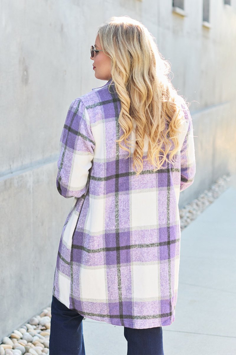 Double Take Full Size Plaid Button Up Lapel Collar Coat - Outerwear