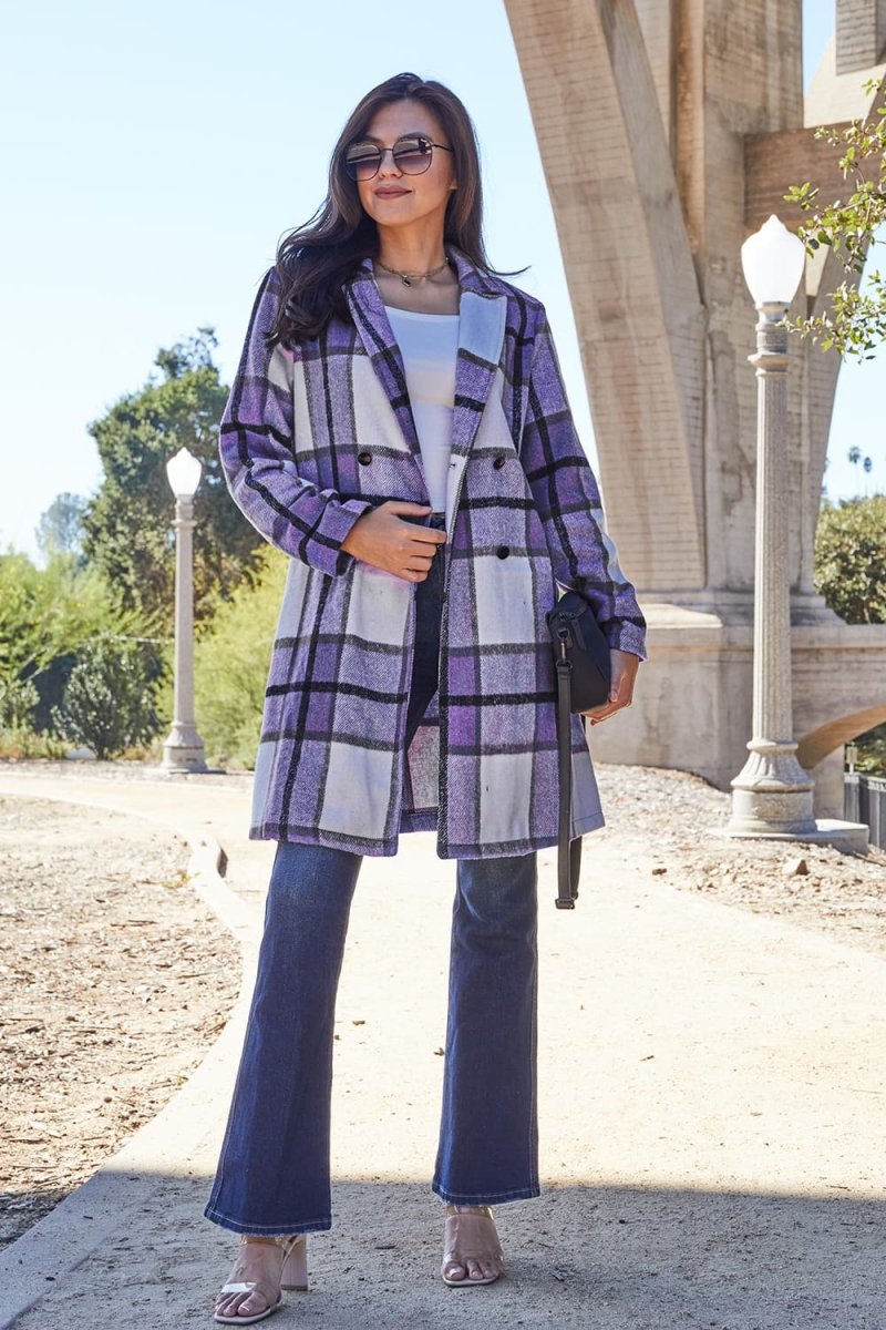 Double Take Full Size Plaid Button Up Lapel Collar Coat - Outerwear