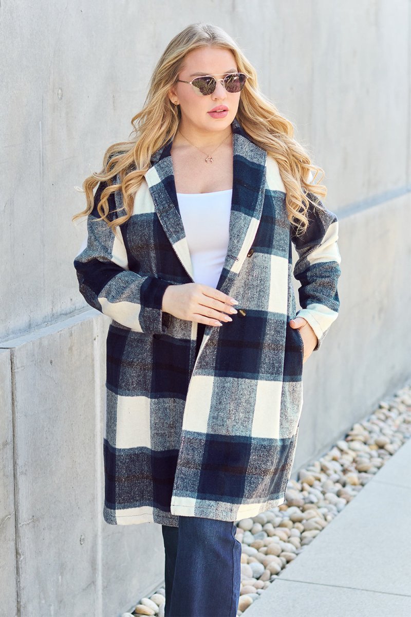 Double Take Full Size Plaid Button Up Lapel Collar Coat - Outerwear