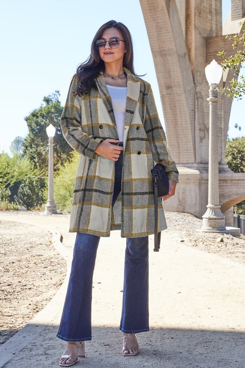 Double Take Full Size Plaid Button Up Lapel Collar Coat - Outerwear