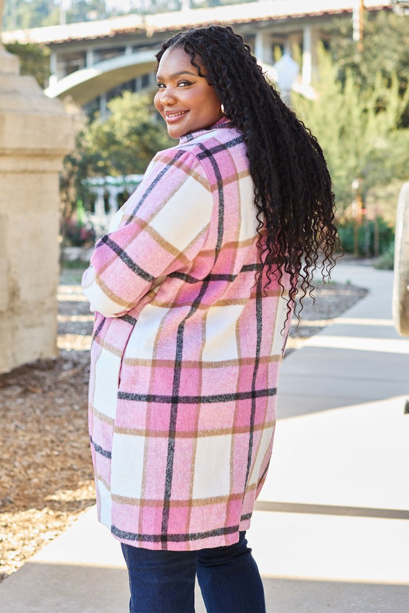 Double Take Full Size Plaid Button Up Lapel Collar Coat - Outerwear