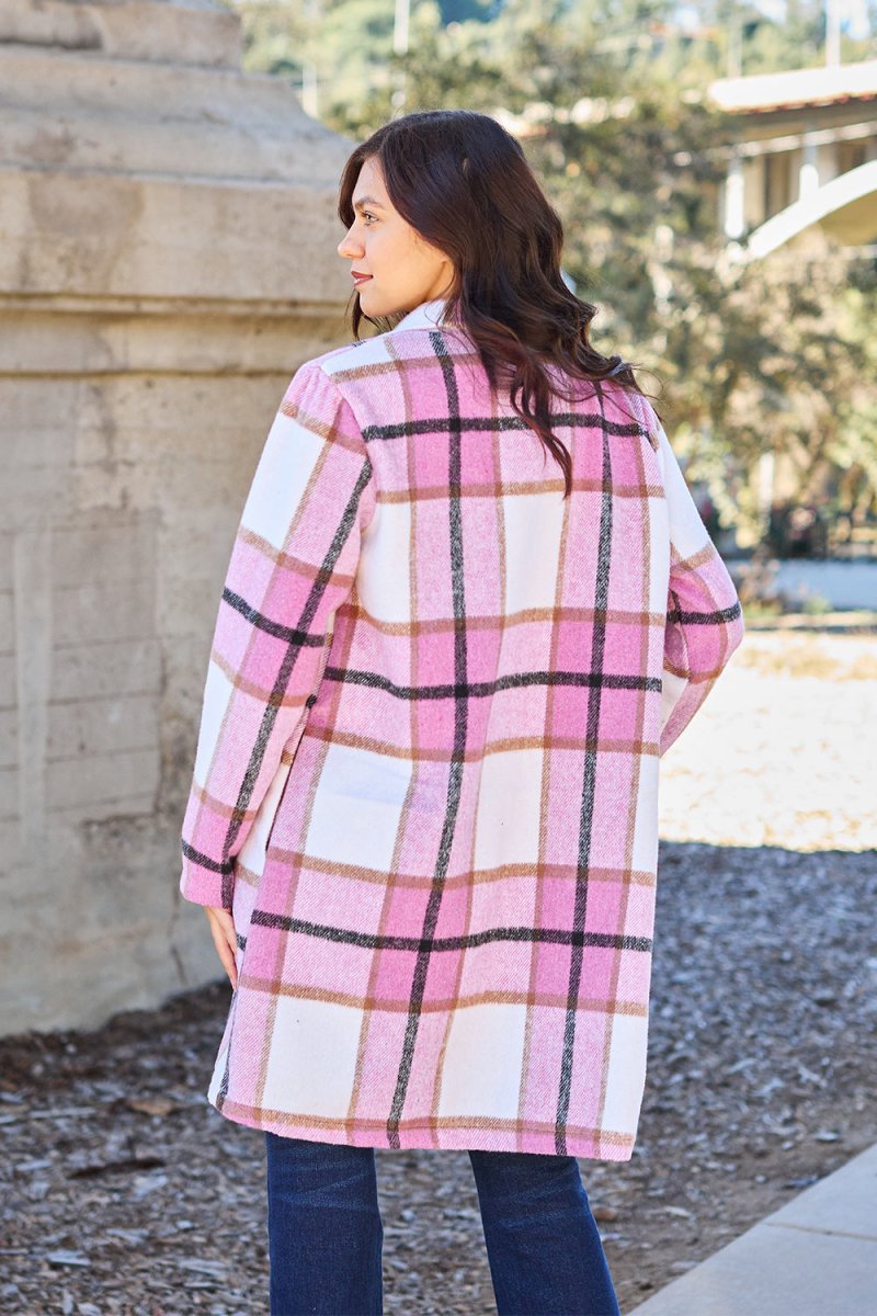 Double Take Full Size Plaid Button Up Lapel Collar Coat - Outerwear