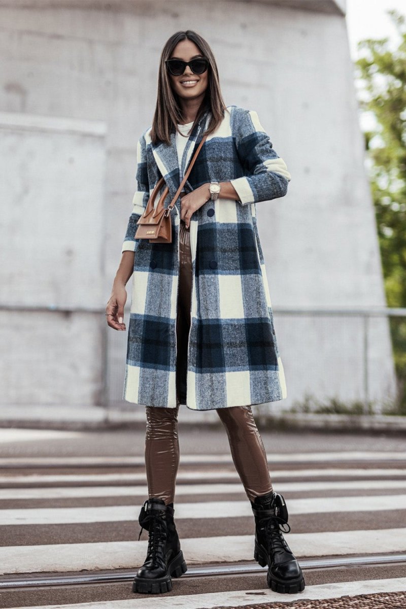 Double Take Full Size Plaid Button Up Lapel Collar Coat - Outerwear