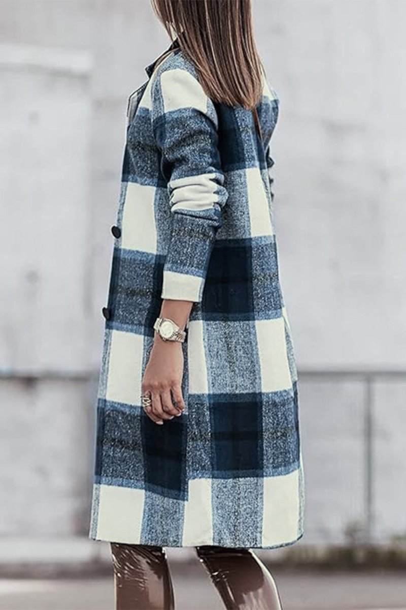 Double Take Full Size Plaid Button Up Lapel Collar Coat - Outerwear