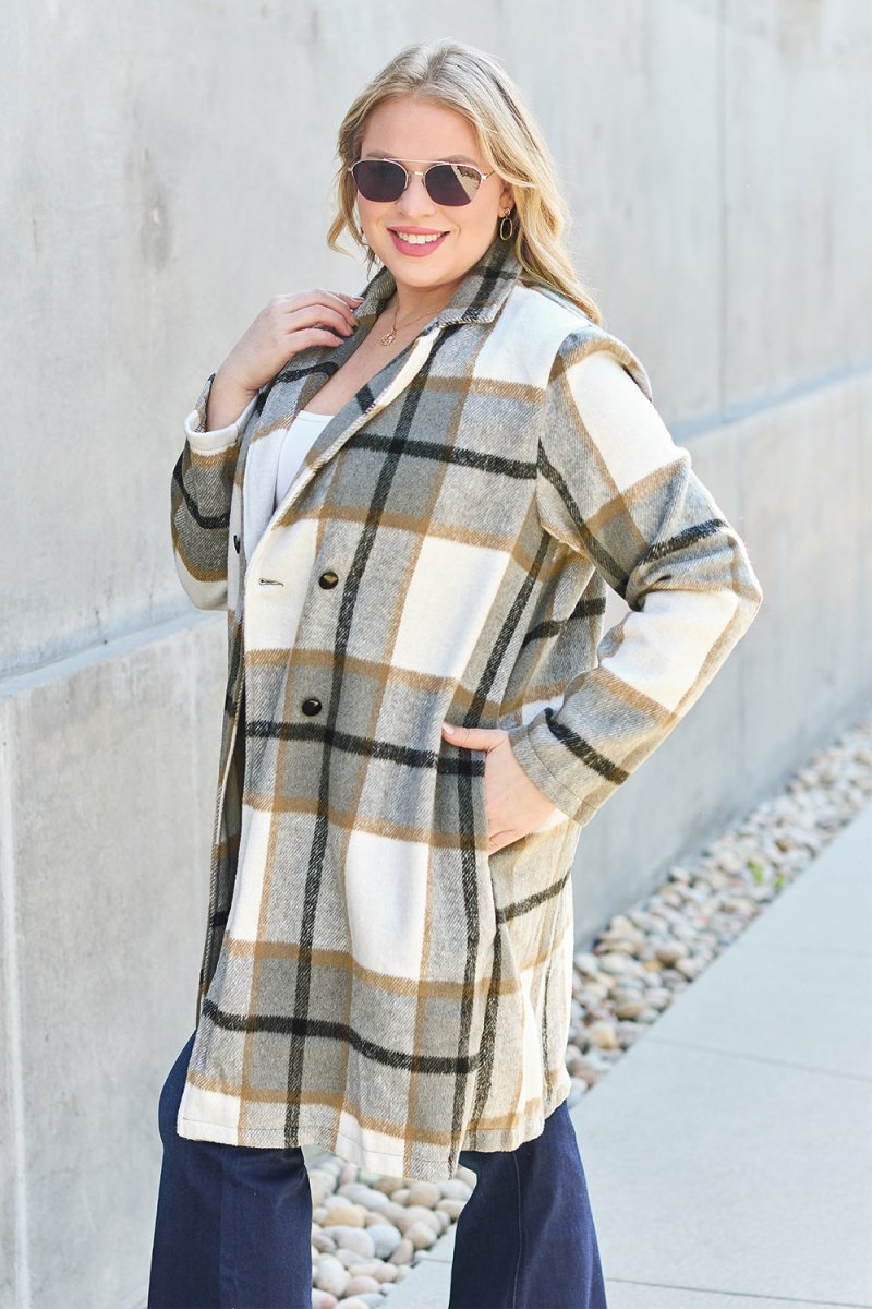 Double Take Full Size Plaid Button Up Lapel Collar Coat - Outerwear