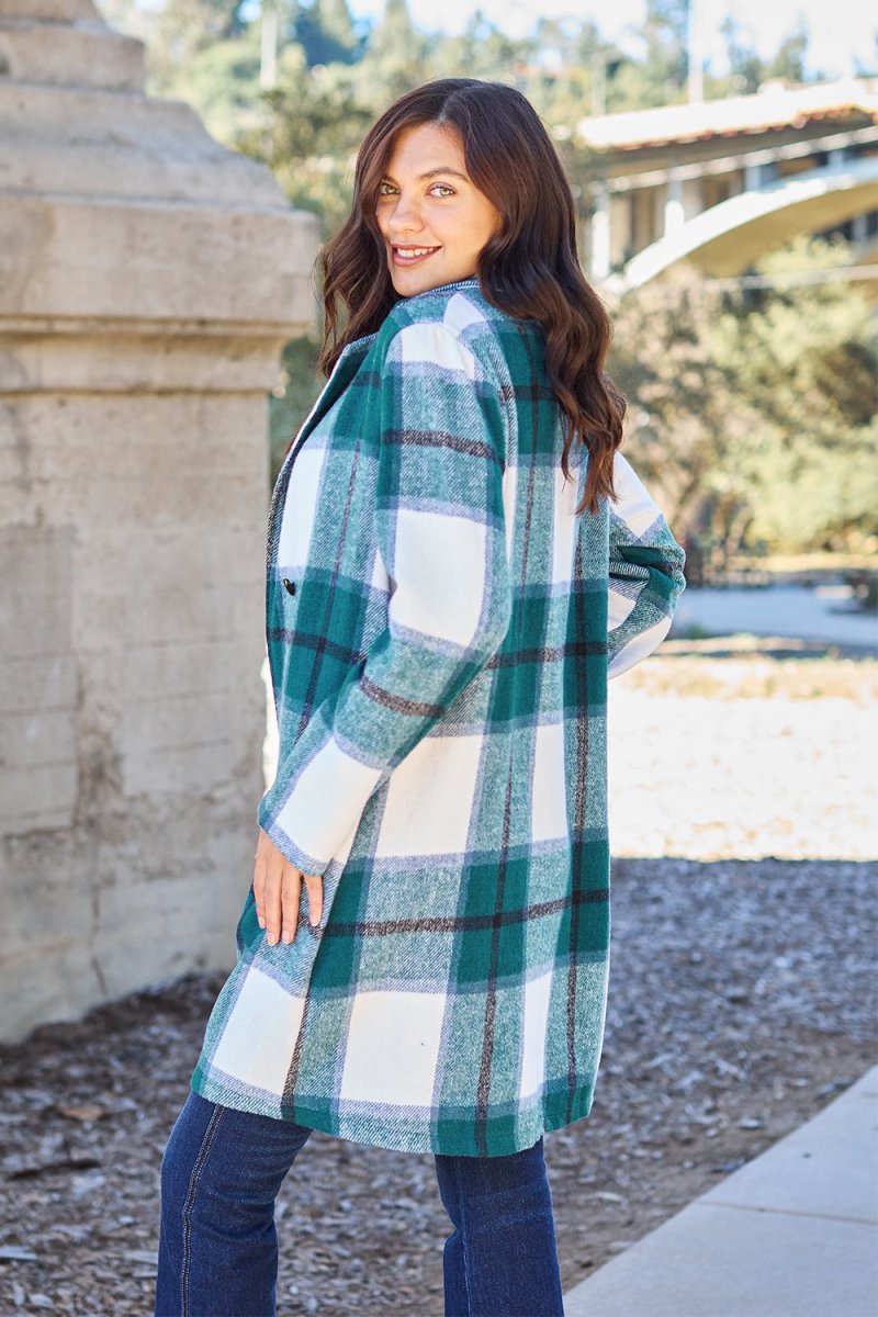 Double Take Full Size Plaid Button Up Lapel Collar Coat - Outerwear