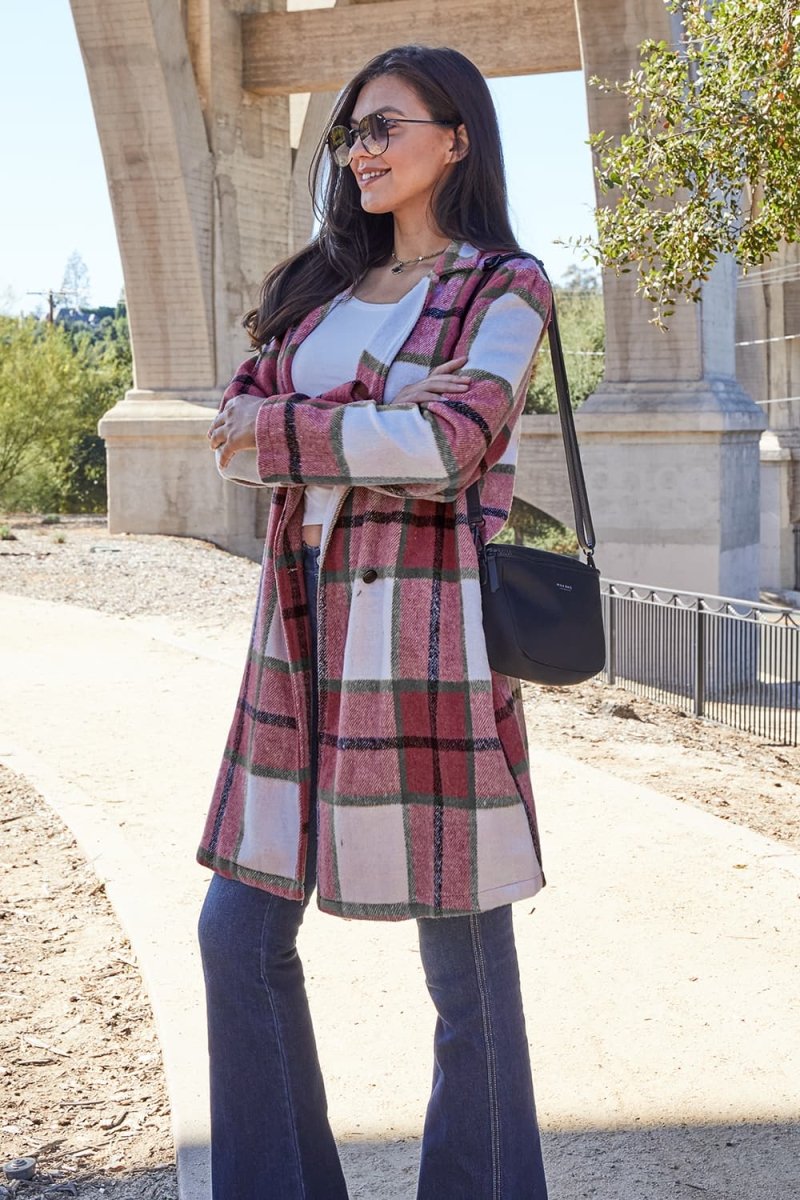 Double Take Full Size Plaid Button Up Lapel Collar Coat - Outerwear
