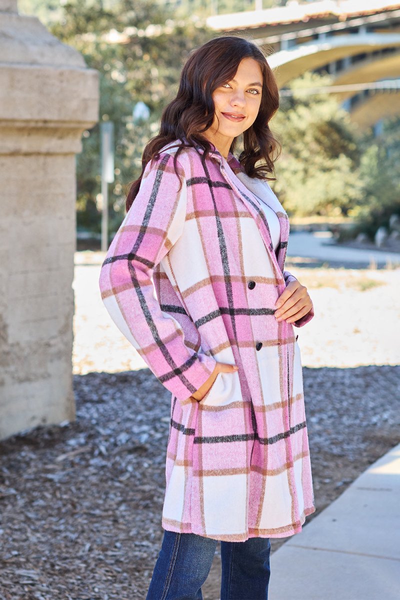 Double Take Full Size Plaid Button Up Lapel Collar Coat - Outerwear