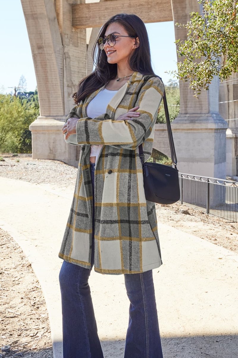 Double Take Full Size Plaid Button Up Lapel Collar Coat - Outerwear