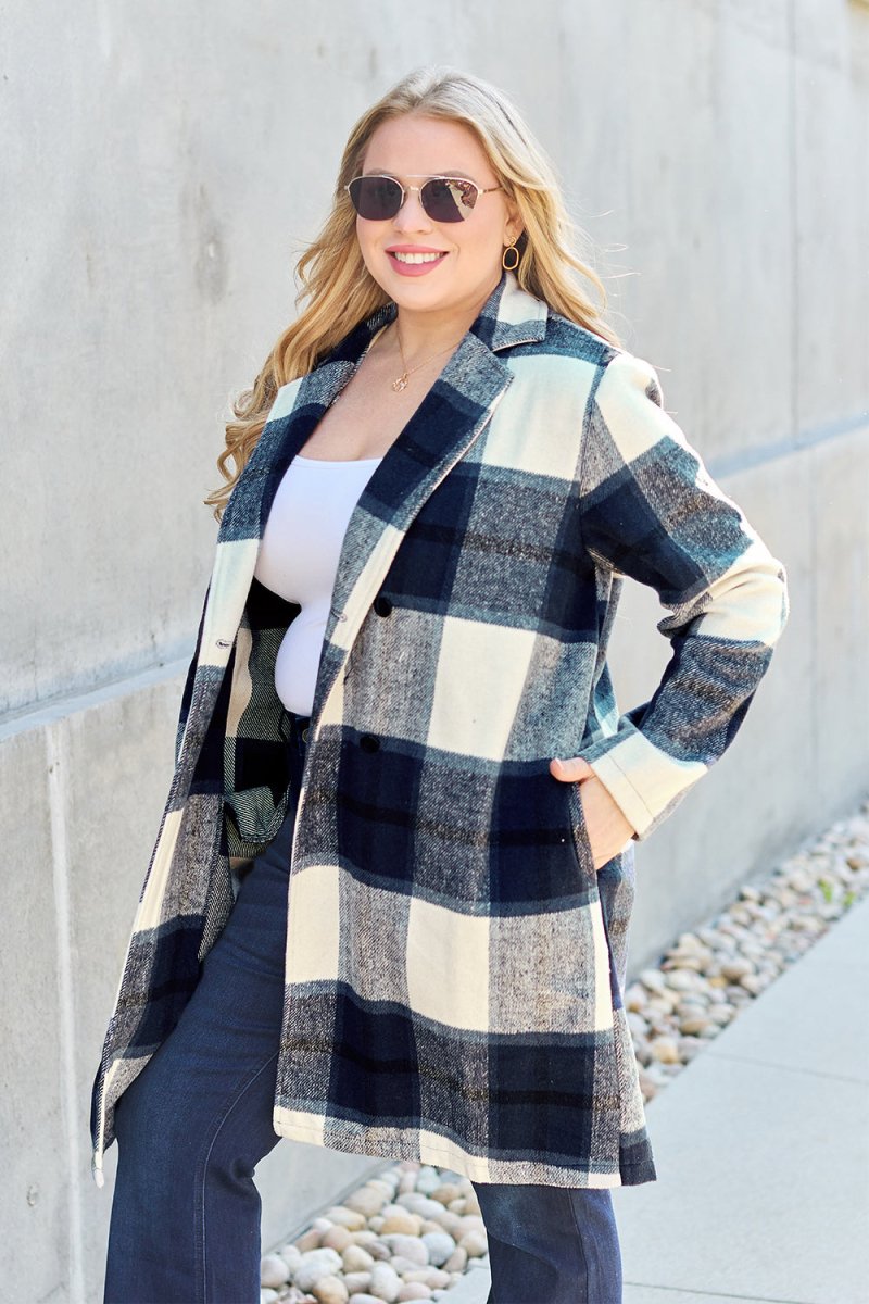 Double Take Full Size Plaid Button Up Lapel Collar Coat - Outerwear