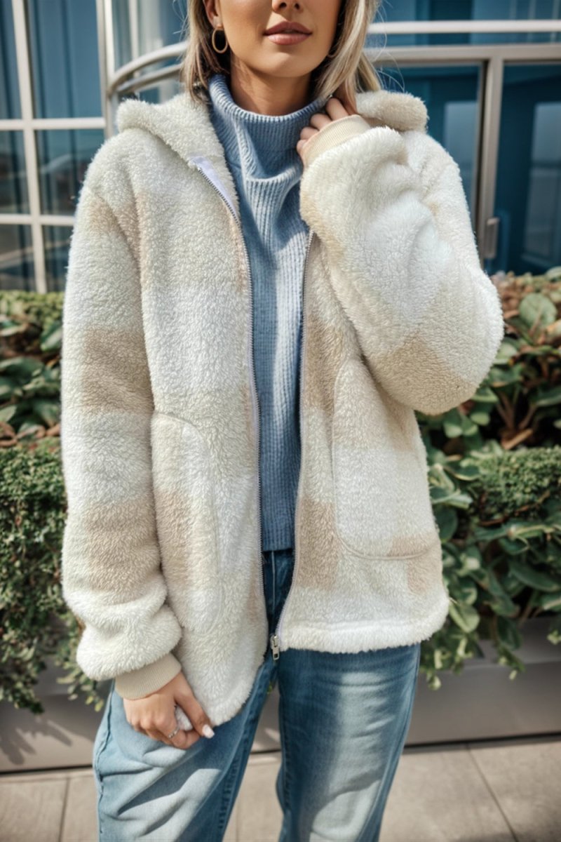 Double Take Full Size Plaid Long Sleeve Hooded Coat - Outerwear