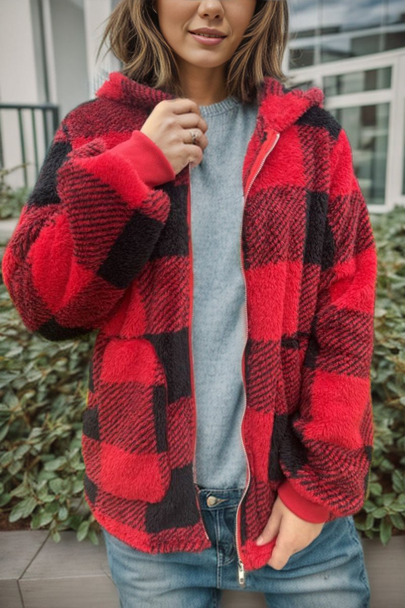 Double Take Full Size Plaid Long Sleeve Hooded Coat - Outerwear