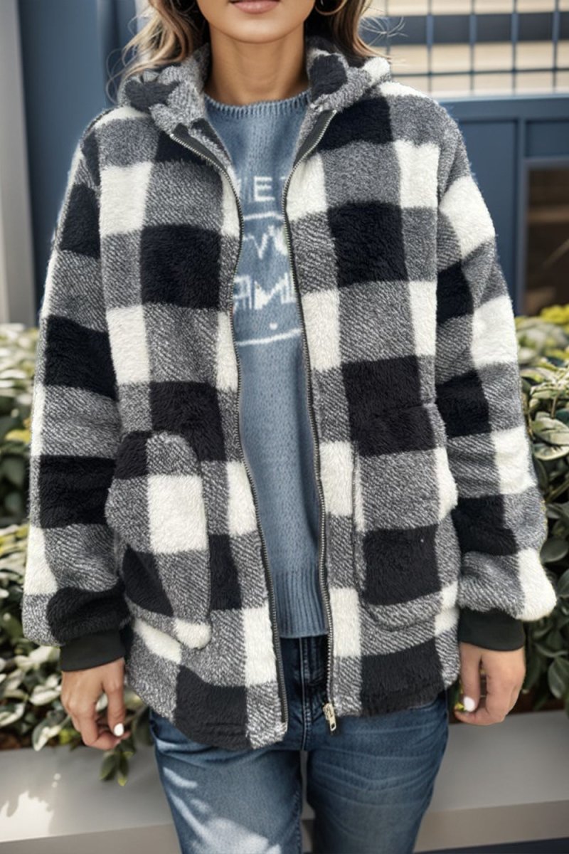 Double Take Full Size Plaid Long Sleeve Hooded Coat - Outerwear