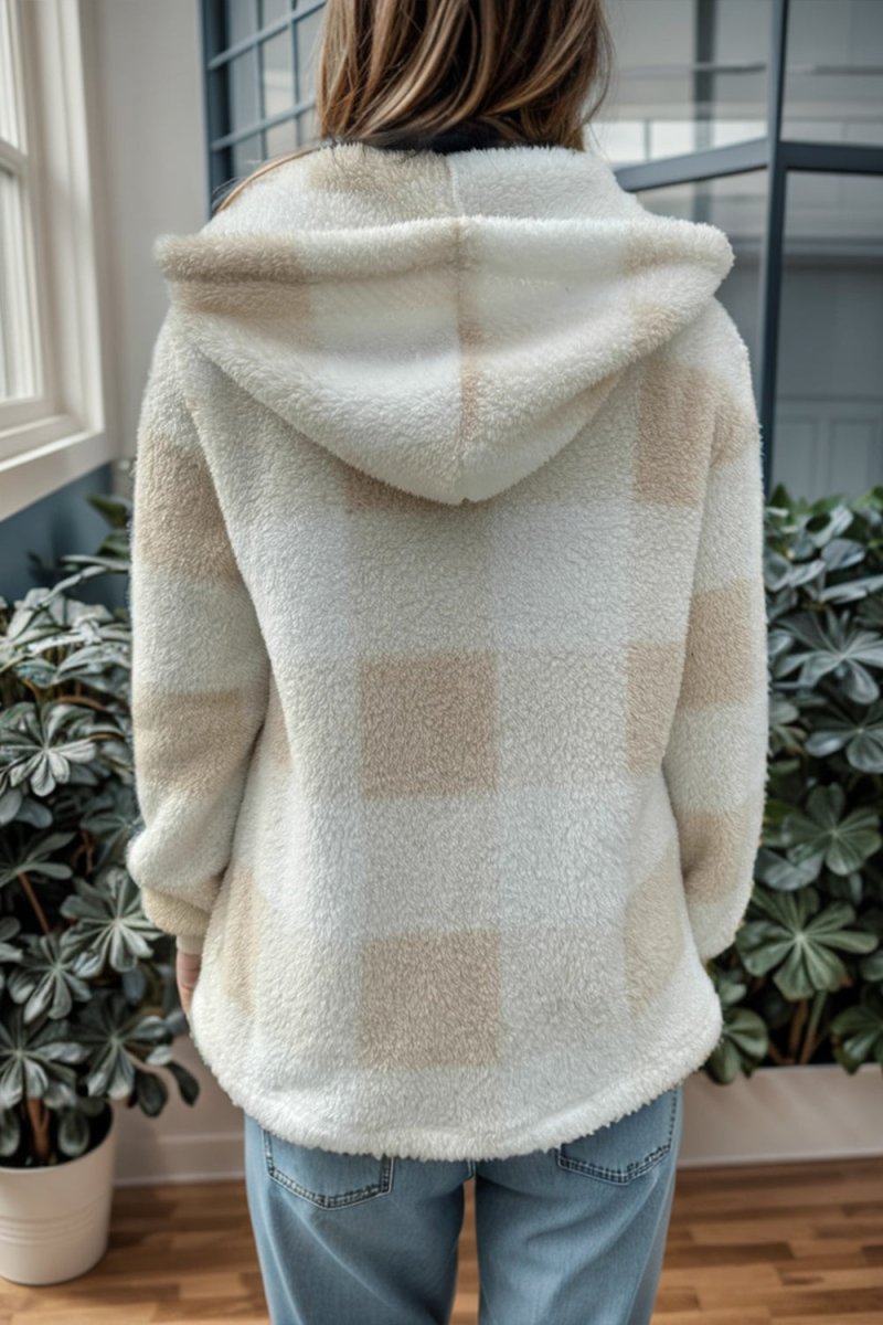 Double Take Full Size Plaid Long Sleeve Hooded Coat - Outerwear