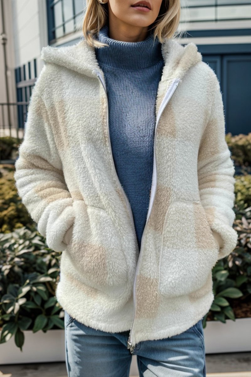 Double Take Full Size Plaid Long Sleeve Hooded Coat - Outerwear