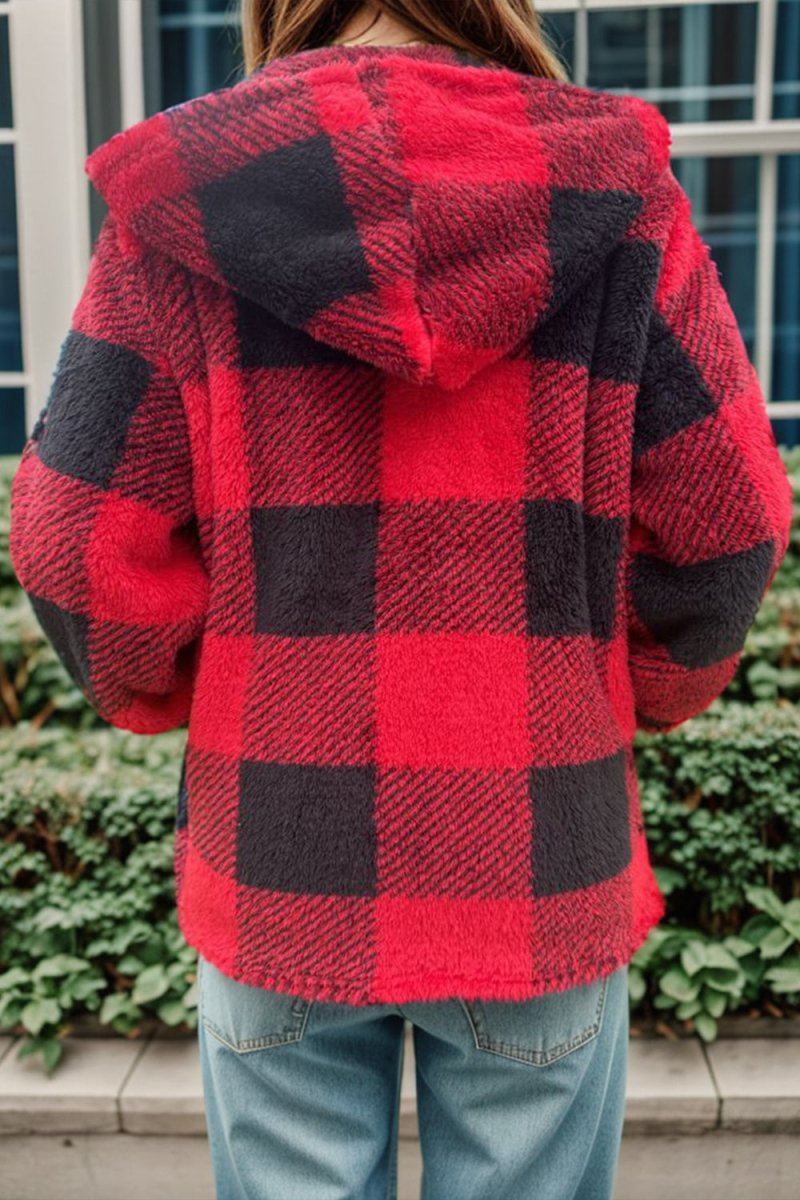 Double Take Full Size Plaid Long Sleeve Hooded Coat - Outerwear