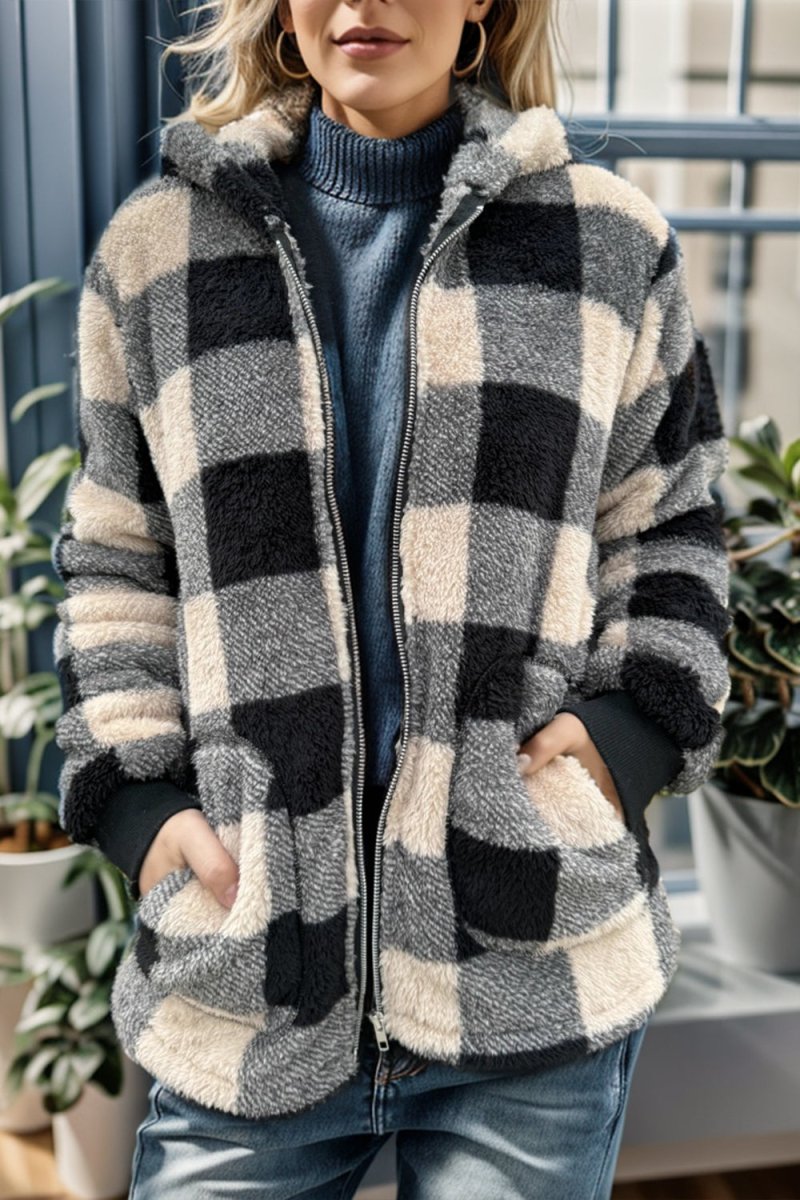 Double Take Full Size Plaid Long Sleeve Hooded Coat - Outerwear
