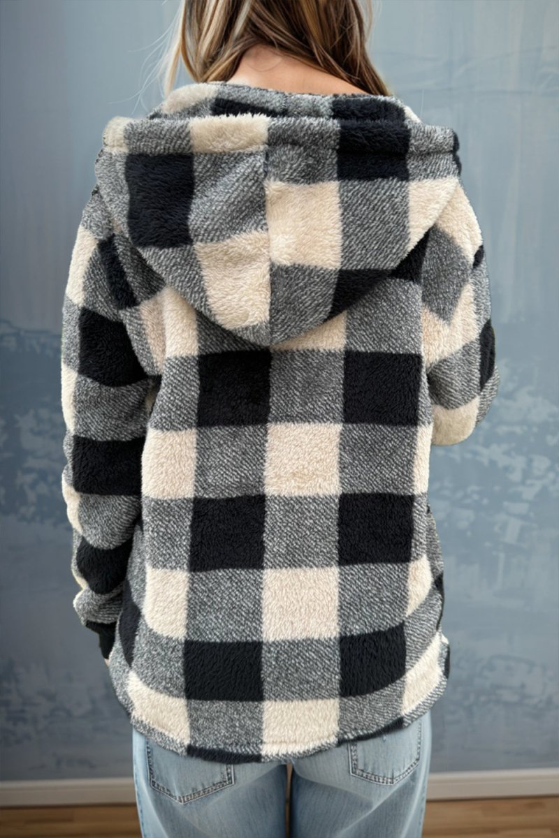 Double Take Full Size Plaid Long Sleeve Hooded Coat - Outerwear
