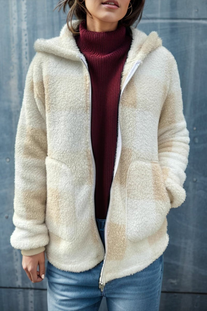 Double Take Full Size Plaid Long Sleeve Hooded Coat - Outerwear