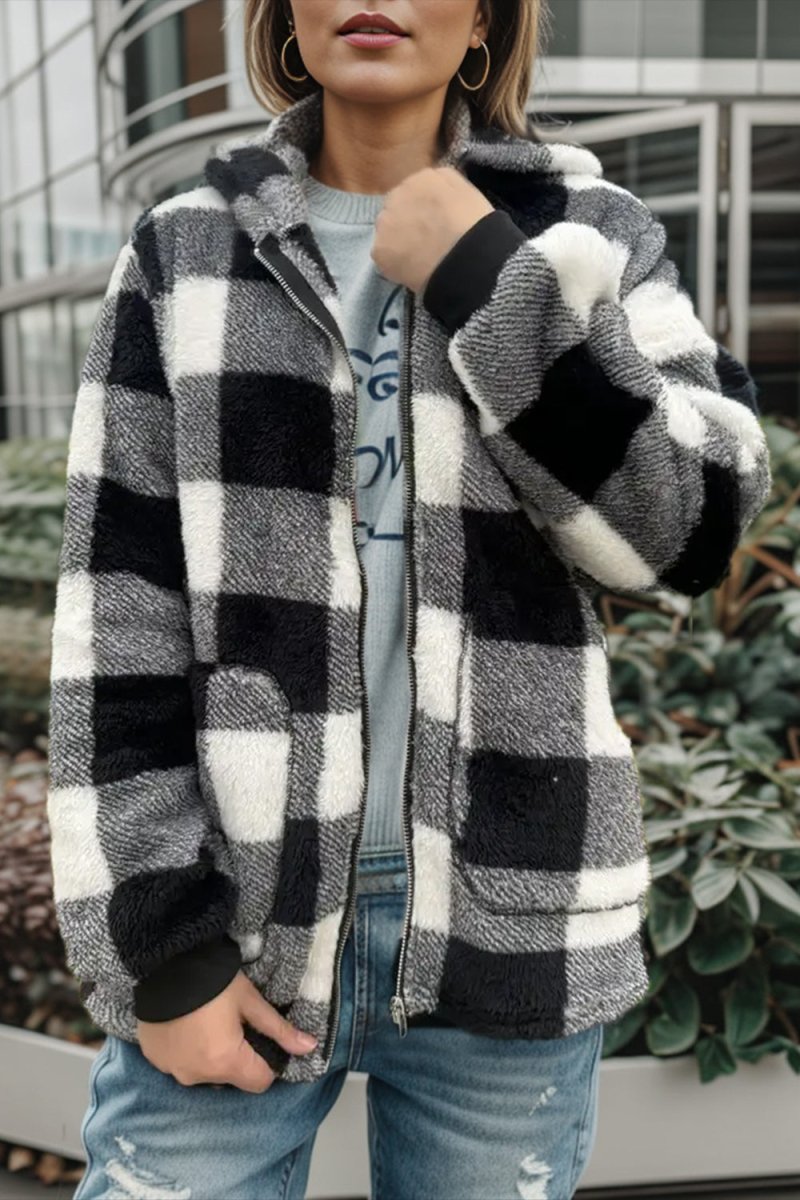 Double Take Full Size Plaid Long Sleeve Hooded Coat - Outerwear