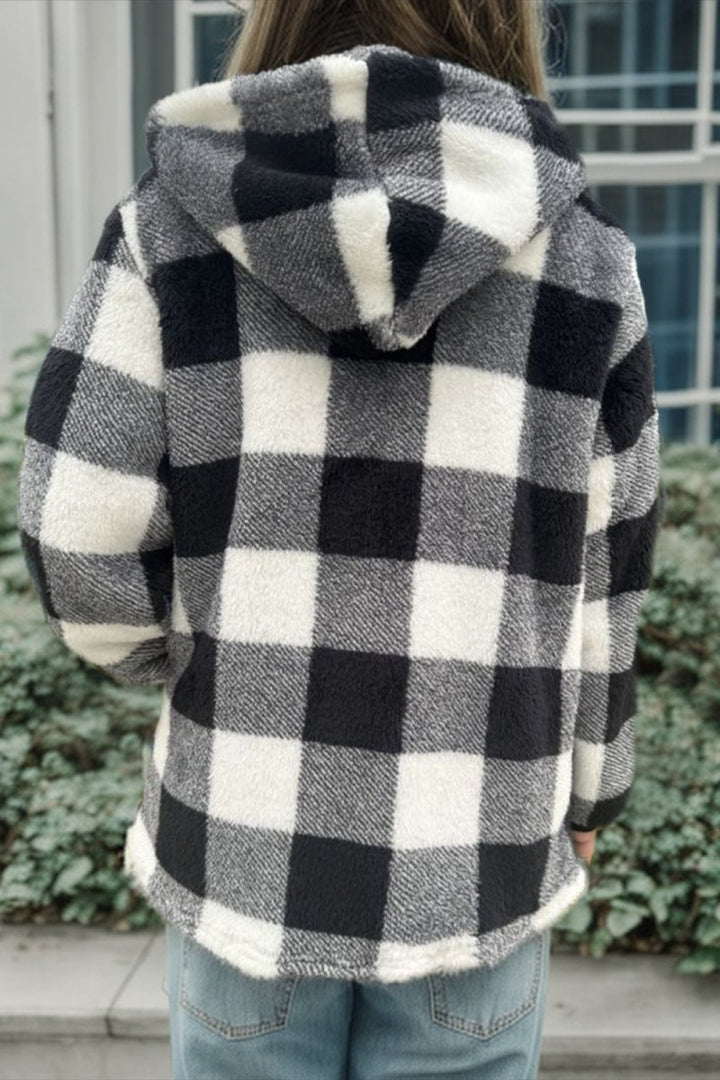Double Take Full Size Plaid Long Sleeve Hooded Coat - Outerwear