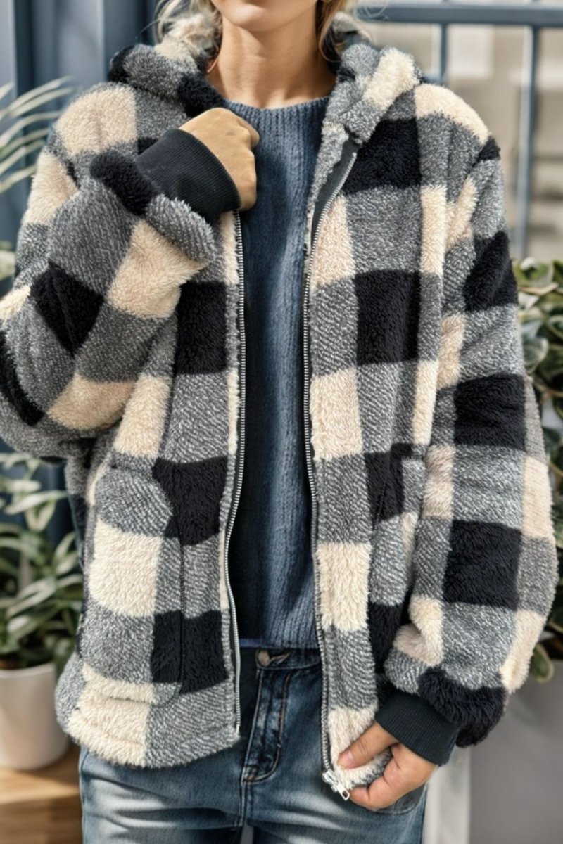 Double Take Full Size Plaid Long Sleeve Hooded Coat - Outerwear