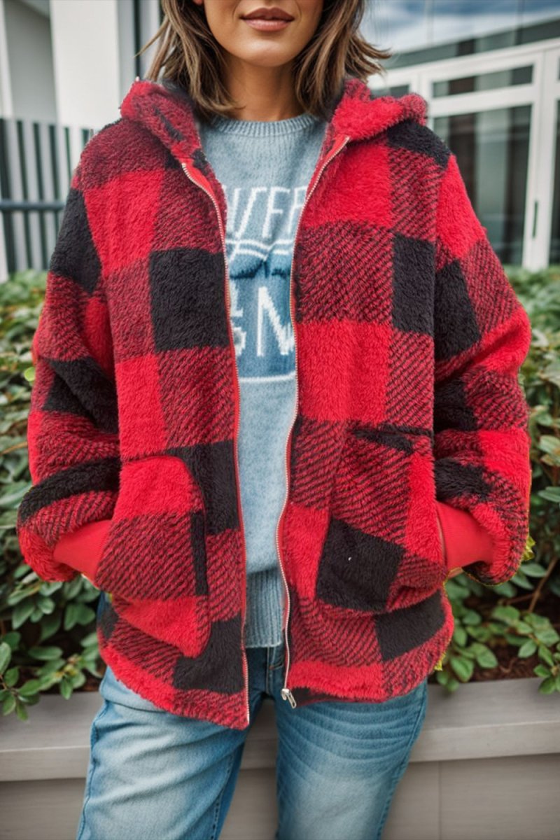 Double Take Full Size Plaid Long Sleeve Hooded Coat - Outerwear