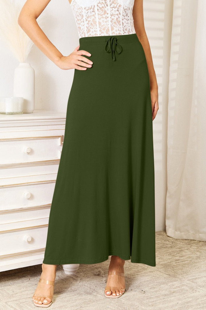 Double Take Full Size Soft Rayon Drawstring Waist Maxi Skirt - Bottoms