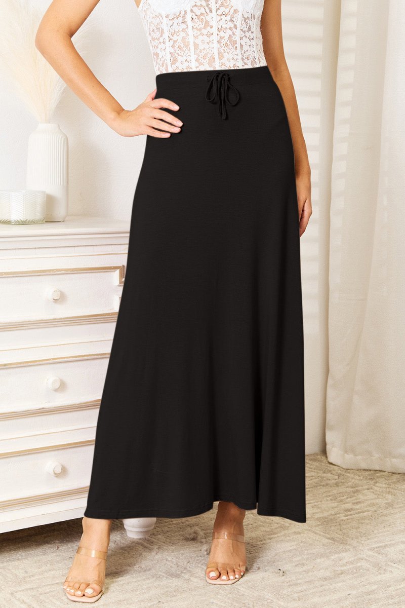 Double Take Full Size Soft Rayon Drawstring Waist Maxi Skirt - Bottoms
