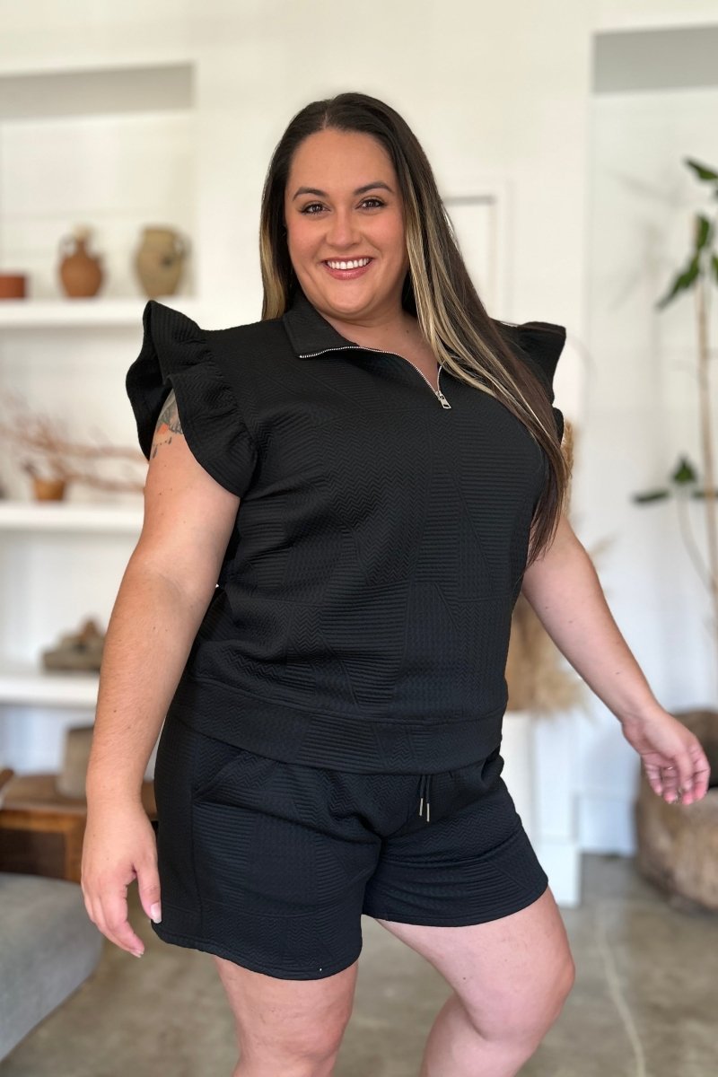 Double Take Full Size Texture Flounce Sleeve Top and Shorts Set - Short Suit