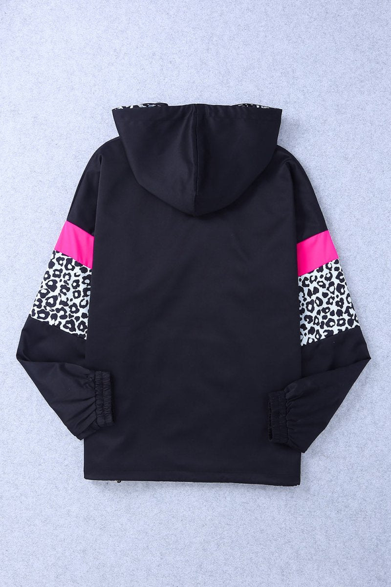 Double Take Leopard Color Block Zip - Up Hooded Jacket - Outerwear
