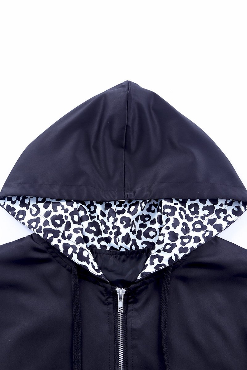 Double Take Leopard Color Block Zip - Up Hooded Jacket - Outerwear
