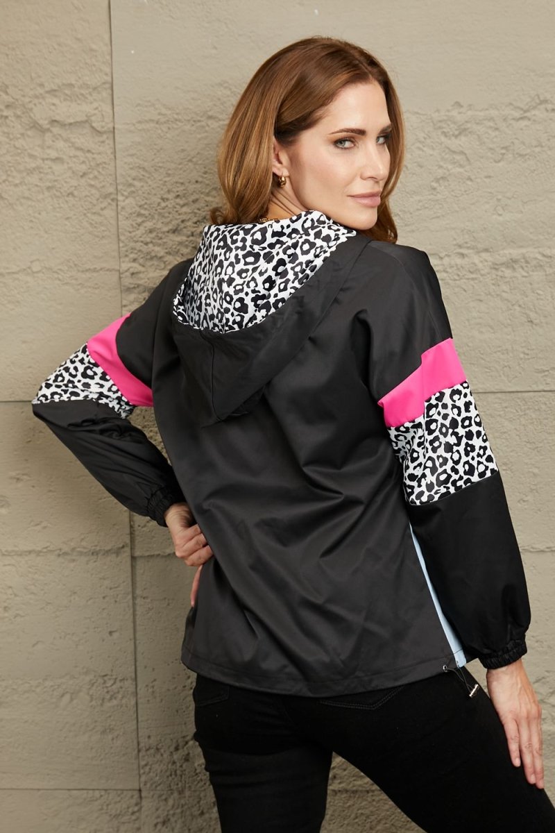 Double Take Leopard Color Block Zip - Up Hooded Jacket - Outerwear