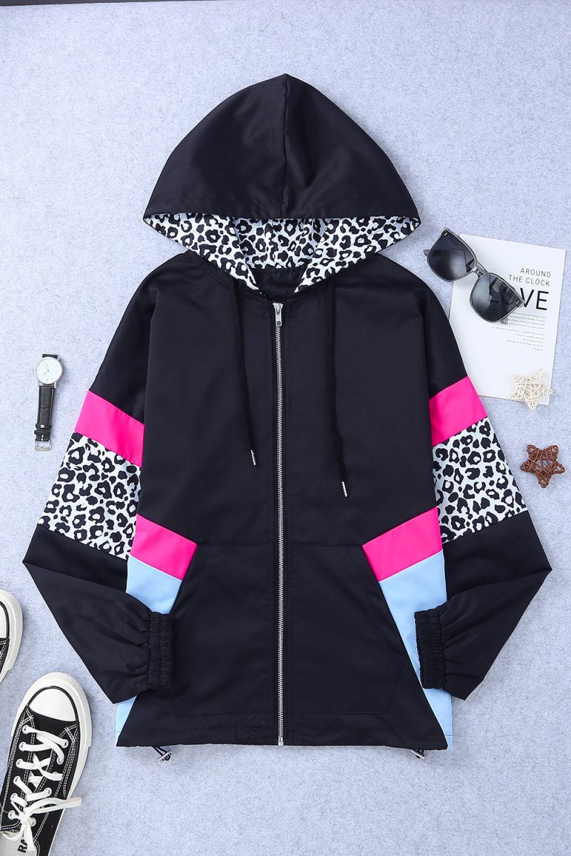 Double Take Leopard Color Block Zip - Up Hooded Jacket - Outerwear