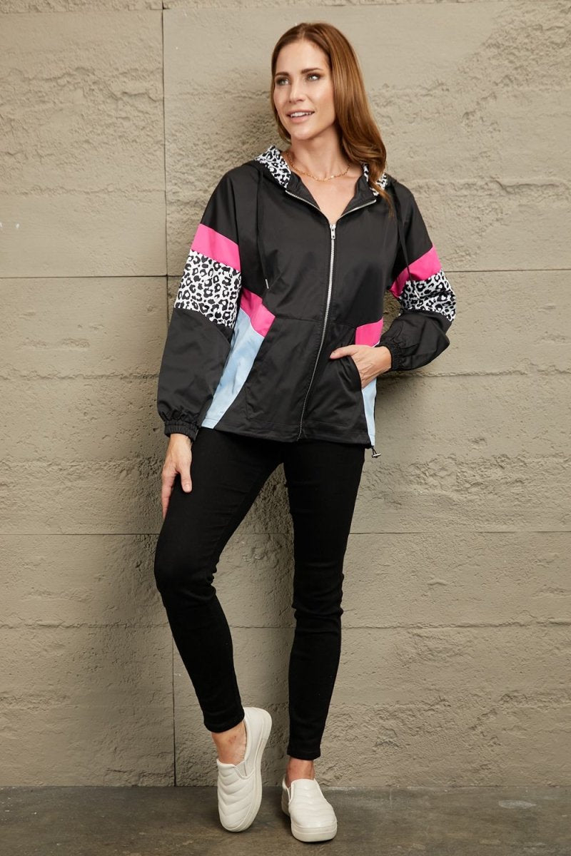 Double Take Leopard Color Block Zip - Up Hooded Jacket - Outerwear