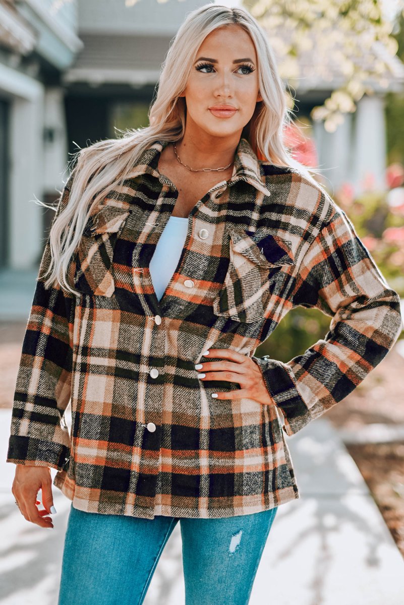 Double Take Plaid Button Front Shirt Jacket with Breast Pockets - Outerwear
