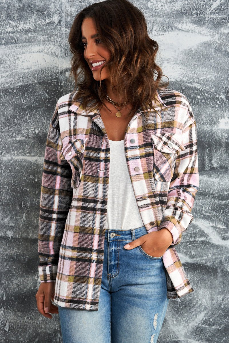 Double Take Plaid Button Front Shirt Jacket with Breast Pockets - Outerwear