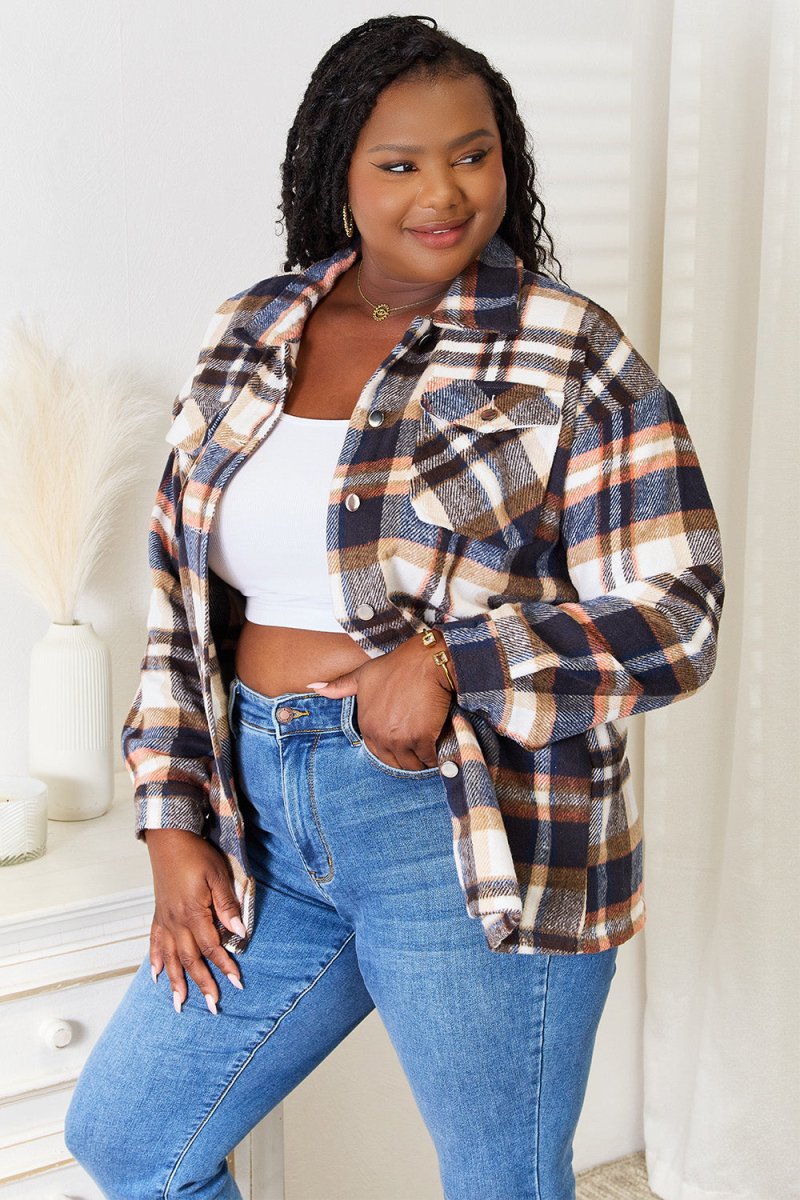 Double Take Plaid Button Front Shirt Jacket with Breast Pockets - Outerwear