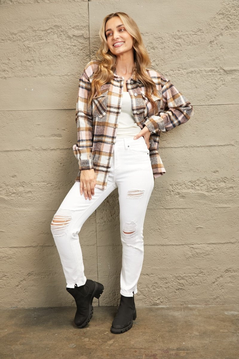 Double Take Plaid Button Front Shirt Jacket with Breast Pockets - Outerwear