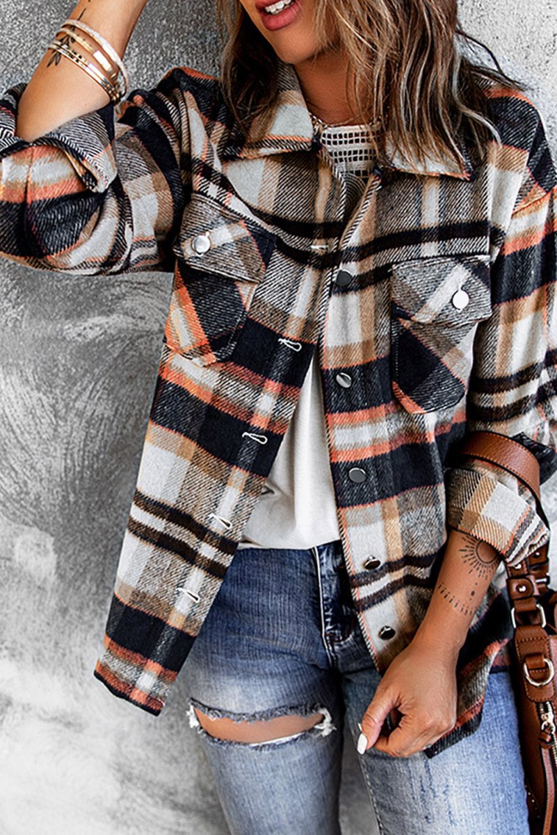 Double Take Plaid Button Front Shirt Jacket with Breast Pockets - Outerwear