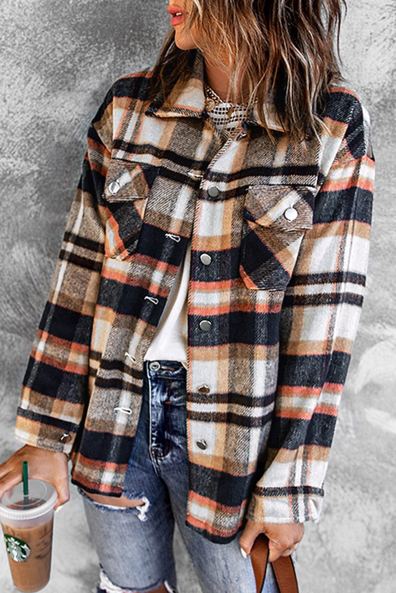 Double Take Plaid Button Front Shirt Jacket with Breast Pockets - Outerwear